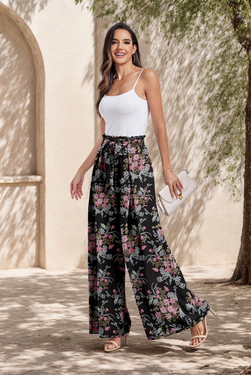Lepunuo Wide Leg Womens Pants 2024 Floral Work Business Casual High Waisted Dress Palazzo Flowy Trousers - Image 2
