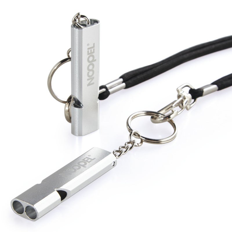 Noopel 2 Pack Survival Whistle with Lanyard and Keychain Double Tubes Emergency Safety Whistle with Keyring for Boating Outdoor Camping Hiking Hunting Sports Dog Training (2 Pack Silver) - Image 1