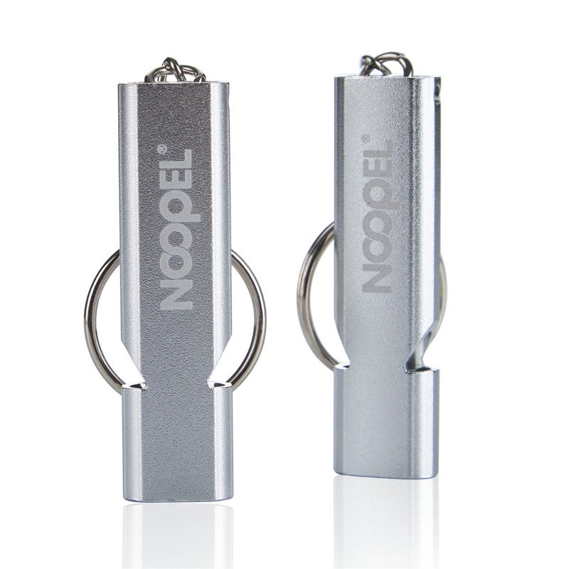 Noopel 2 Pack Survival Whistle with Lanyard and Keychain Double Tubes Emergency Safety Whistle with Keyring for Boating Outdoor Camping Hiking Hunting Sports Dog Training (2 Pack Silver) - Image 2