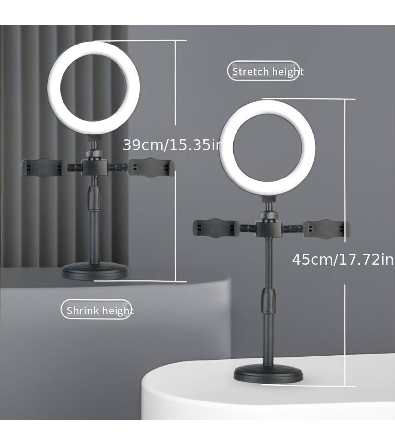 ضوء حلقة LED احترافي أسود قابل لتعديل السطوع مع حامل قابل لتعديل الارتفاع وحامل هاتف مزدوج للتصوير الفوتوغرافي، والسيلفي، وتدوين الفيديو، والمكياج، والبث المباشر، وإنشاء الفيديو، وإضاءة تعبئة محمولة. - Image 2