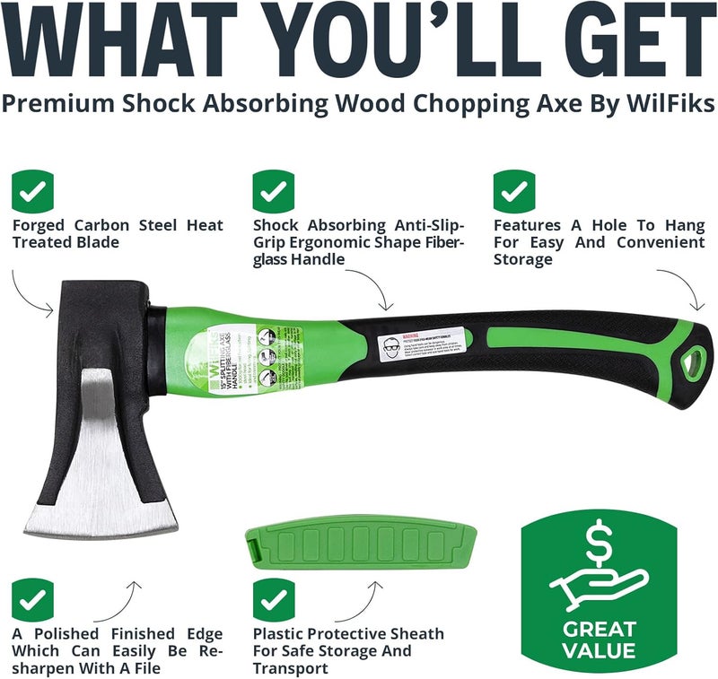 WilFiks Splitting Axe, 15” Camping Hatchet for Chopping and Kindling Wood and Branches, Forged Carbon Steel Hand Maul Tool for Gardening, Fiberglass Shock Reduction Handle with Anti-Slip Grip - Image 2
