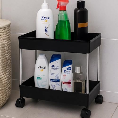 Leaffybezz Plastic Space Saving Storage Organizer Rack Shelf with Wheels for Kitchen, Office, Bathroom and Bedroom (2 Layer, Black) - Image 1