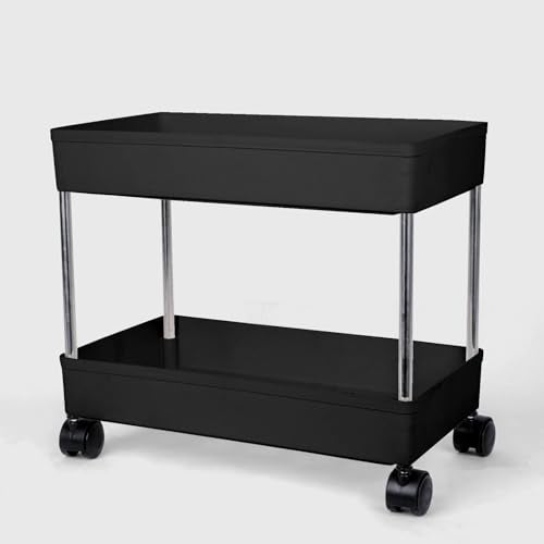 Leaffybezz Plastic Space Saving Storage Organizer Rack Shelf with Wheels for Kitchen, Office, Bathroom and Bedroom (2 Layer, Black) - Image 2