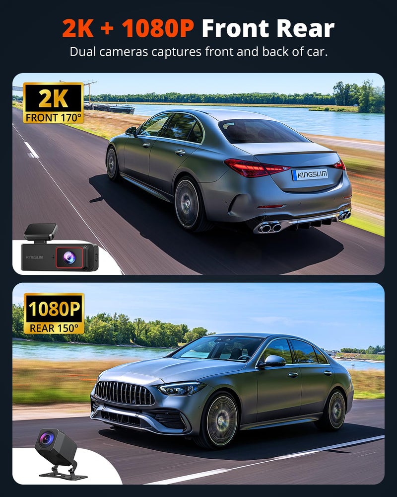 Kingslim 2K Dash Cam Front and Rear with 64GB SD Card, Wireless WiFi Dash Camera for Cars, 1.5'' Screen Mini Dashcam Front and Back, Support G-Sensor/Time Lapse 2 Kinds Parking Monitor - Image 2