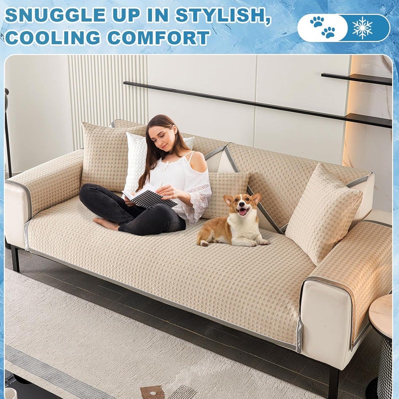 OTOB Cooling Dog Couch Cover Ice Silk Fabric, Washable Non Slip Furniture Protector Sofa Slipcover, Soft Pet Friendly Cooling Mat, 3D Bionic Breathable Dog Sofa Covers (Serene Khaki, 27.6"x70.9") - Image 5
