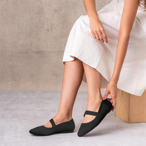 TINGRISE Women's Flats Shoes Pointed Toe Knit Washable Ballet Comfortable Dressy Mary Jane Flat Black US10 - Image 4