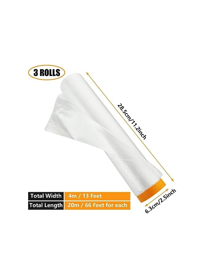 PROMASS promass 3 Rolls Plastic Dust Sheets for Decorating, 4m x 20m Waterproof Masking Film Rolls, Pre-Taped Plastic Drop Film for Painting Furniture Covering  - Image 2