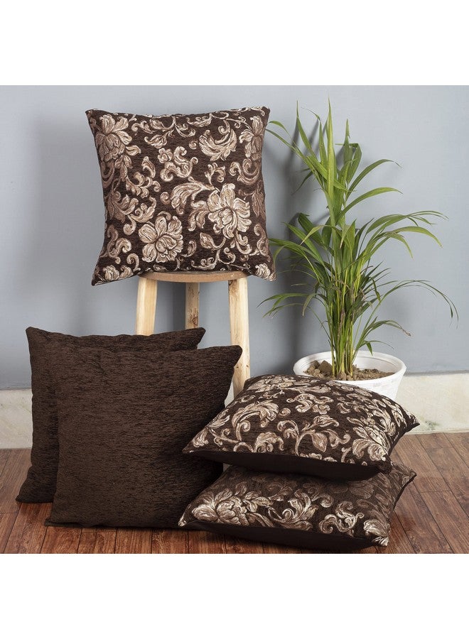 Cazimo Jacquard Soft Velvet Floral Cushion Covers | Hypo-Allergenic | Washable | Non-Fade Diwan Sofa Pillow Covers for Home Bed & Living Room (Size - 16 X16 Inches, Color - Coffee) - Set of 5 Pcs - Image 1