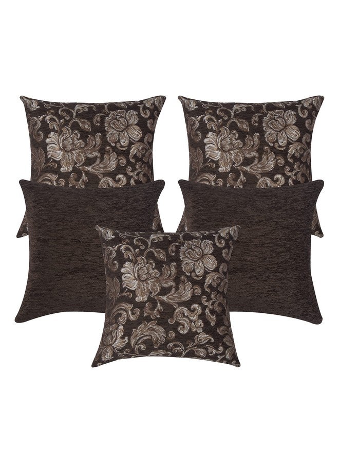 Cazimo Jacquard Soft Velvet Floral Cushion Covers | Hypo-Allergenic | Washable | Non-Fade Diwan Sofa Pillow Covers for Home Bed & Living Room (Size - 16 X16 Inches, Color - Coffee) - Set of 5 Pcs - Image 2