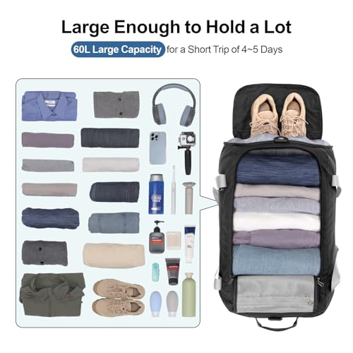 Cambond Airport Luggage Checked Bag - 60L Travel Duffle Bag for 4-5 Day Short Trip, Compact Foldable Travel Duffel Bags for Traveling with Shoe Compartment for Men Women, Checked Luggage, Black - Image 3