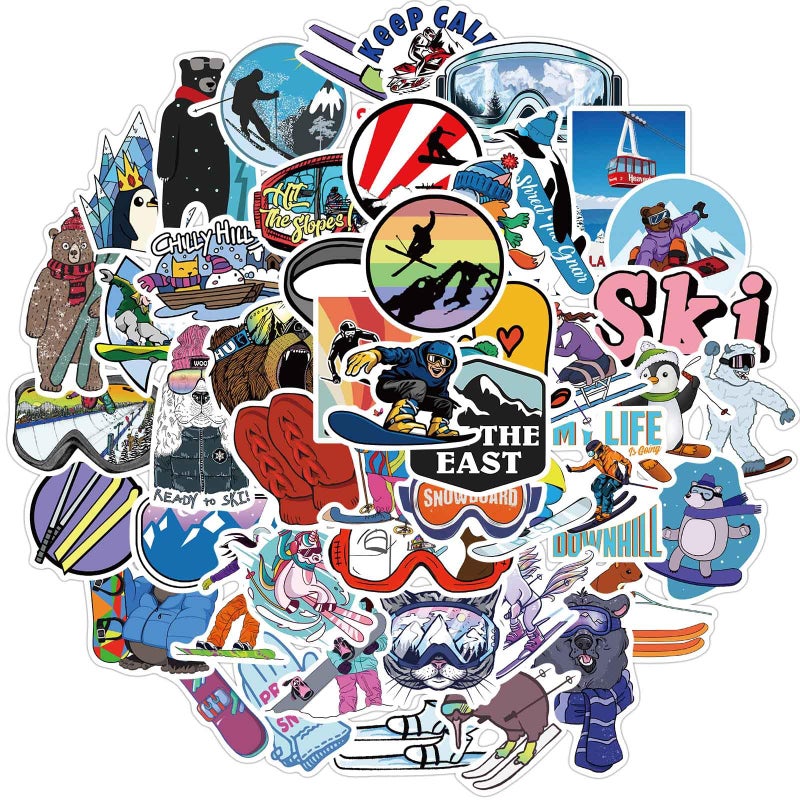 DIDODO 50PCS Cute Ski Stickers Pack, Cool Winter Skiing Stickers for Kids Teens Adults, Waterproof Ski Sticker for Water Bottles Scrapbook Journal Snowboard Helmet Luggage Party Favors(Skiing) - Image 1