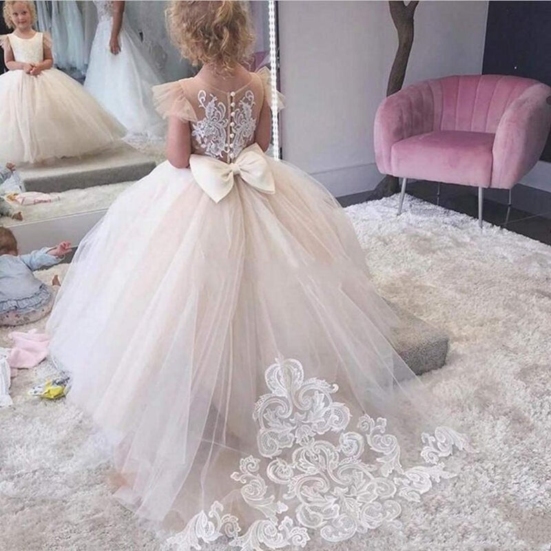 GU ZI YANG Lace Tulle Flower Girl Dresses for Wedding Party Kids Prom Ball Gown GZY230-WH-5 - Image 4