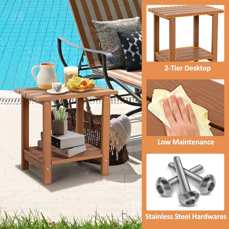 LOENIY 2 -Tier Outdoor Side Table HDPE Adirondack Table Patio Side Table with Wood-Like Grain Weather Resistant End Table Small Outdoor Table(Rectangular, Teak) - Image 4