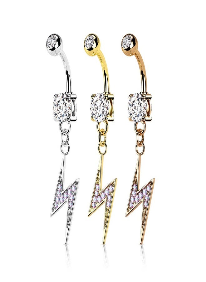 Pierced Owl 14GA Dangling Lightning Bolt Paved with AB CZ on Double Jeweled 316L Surgical Stainless Steel Belly Button Ring (Clear) - Image 3