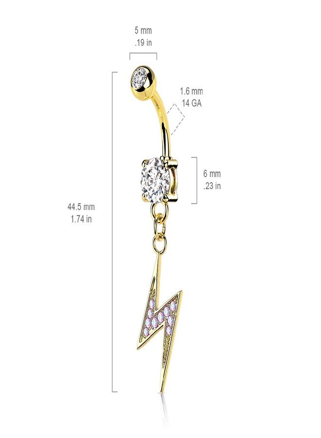 Pierced Owl 14GA Dangling Lightning Bolt Paved with AB CZ on Double Jeweled 316L Surgical Stainless Steel Belly Button Ring (Clear) - Image 2