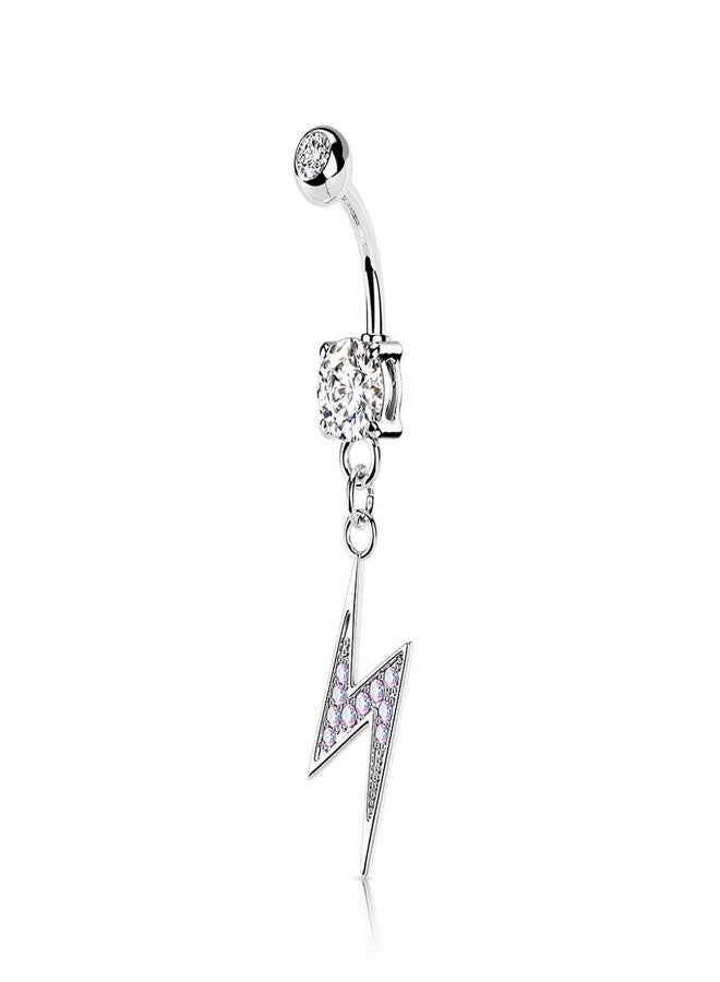 Pierced Owl 14GA Dangling Lightning Bolt Paved with AB CZ on Double Jeweled 316L Surgical Stainless Steel Belly Button Ring (Clear) - Image 1