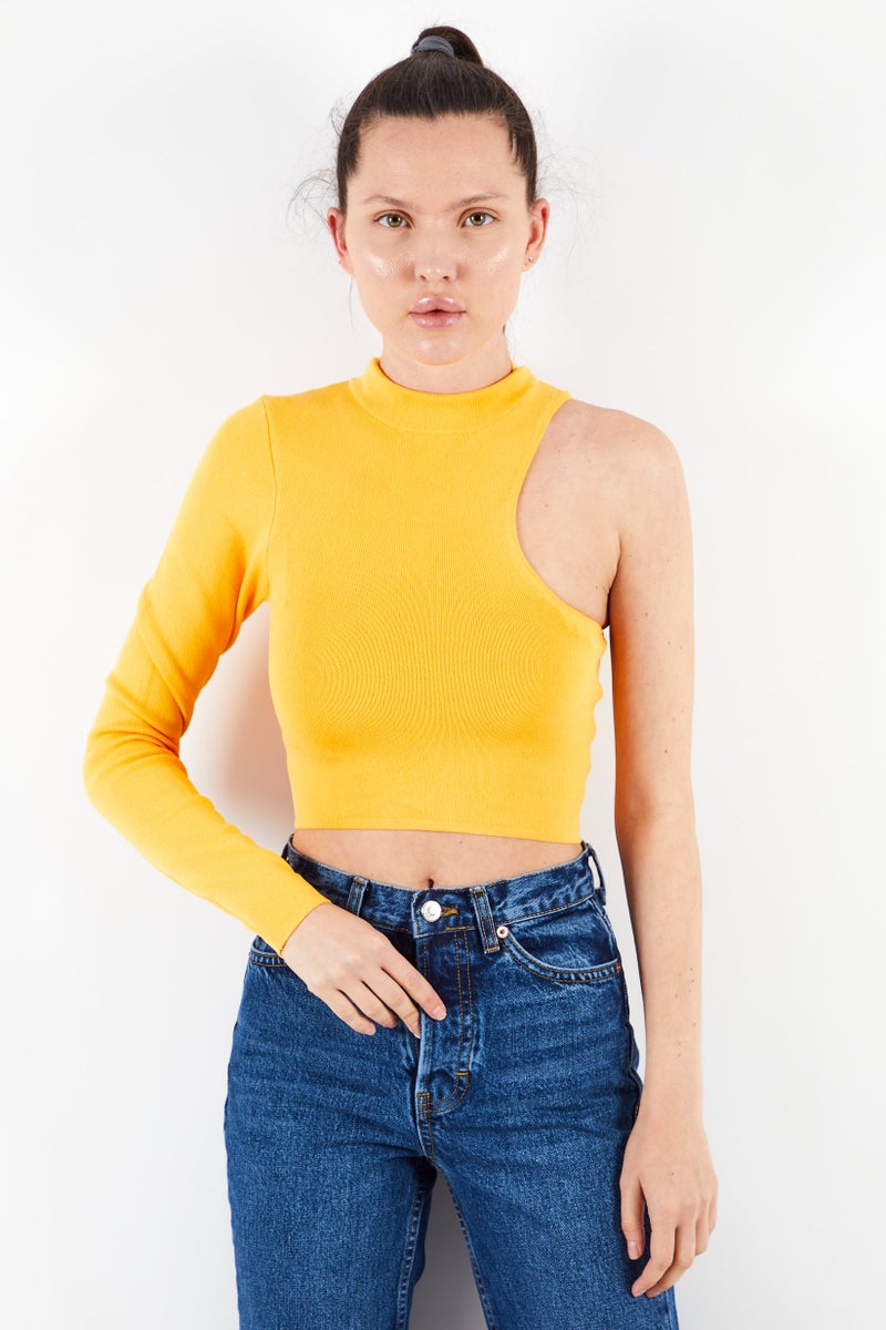 Collusion Women Crew Neck One Shoulder Textured Blouse Top, Orange - Image 1