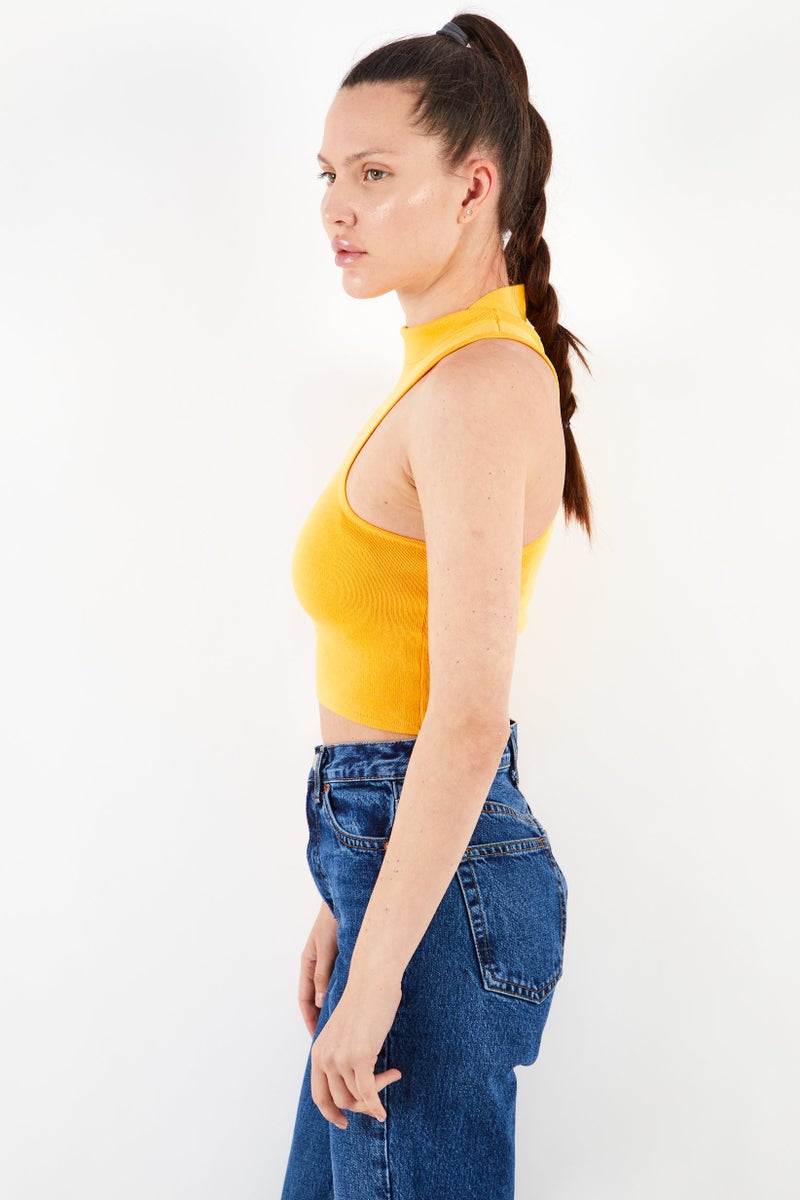 Collusion Women Crew Neck One Shoulder Textured Blouse Top, Orange - Image 3