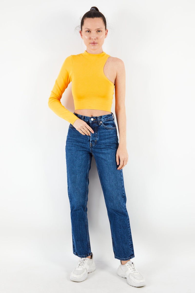 Collusion Women Crew Neck One Shoulder Textured Blouse Top, Orange - Image 4