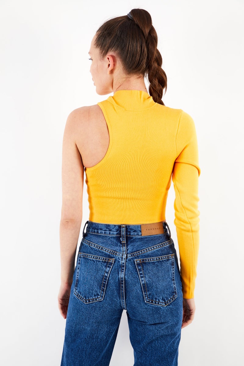 Collusion Women Crew Neck One Shoulder Textured Blouse Top, Orange - Image 2