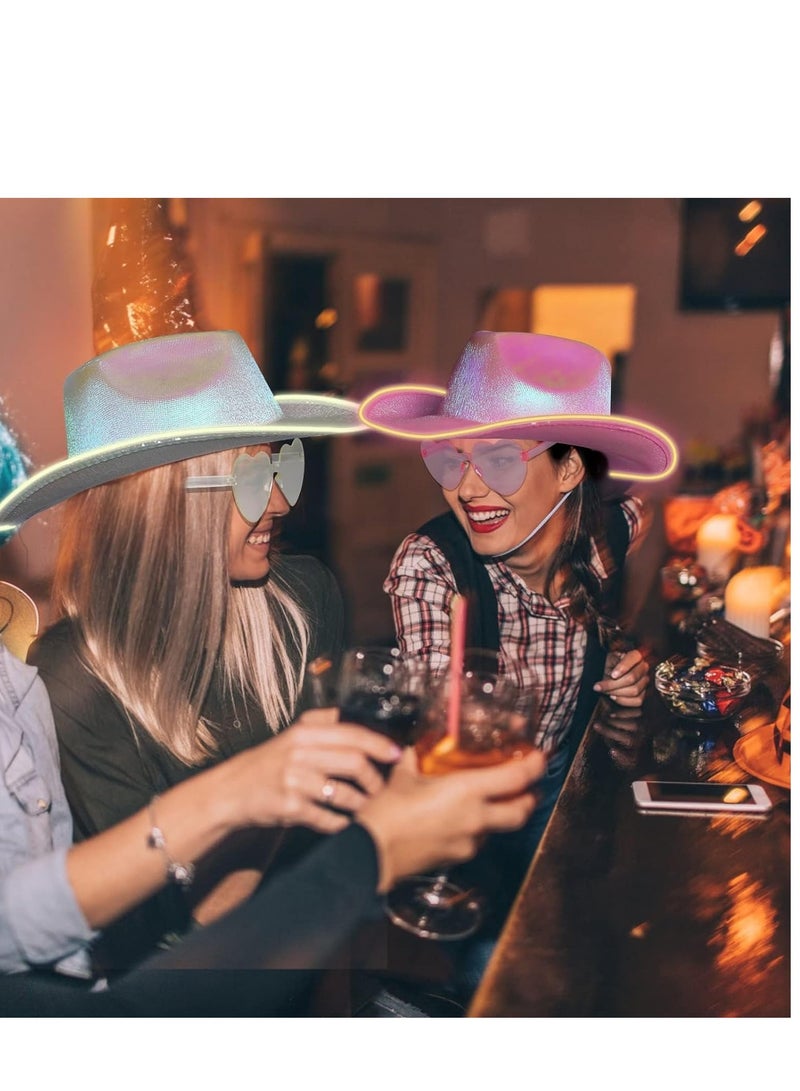 SOLARAE Light Up Cowboy Hat for Women with Heart Sunglasses Glitter Men LED Cowgirl Sparkly Space Hats for Party Costume Dress - Image 3