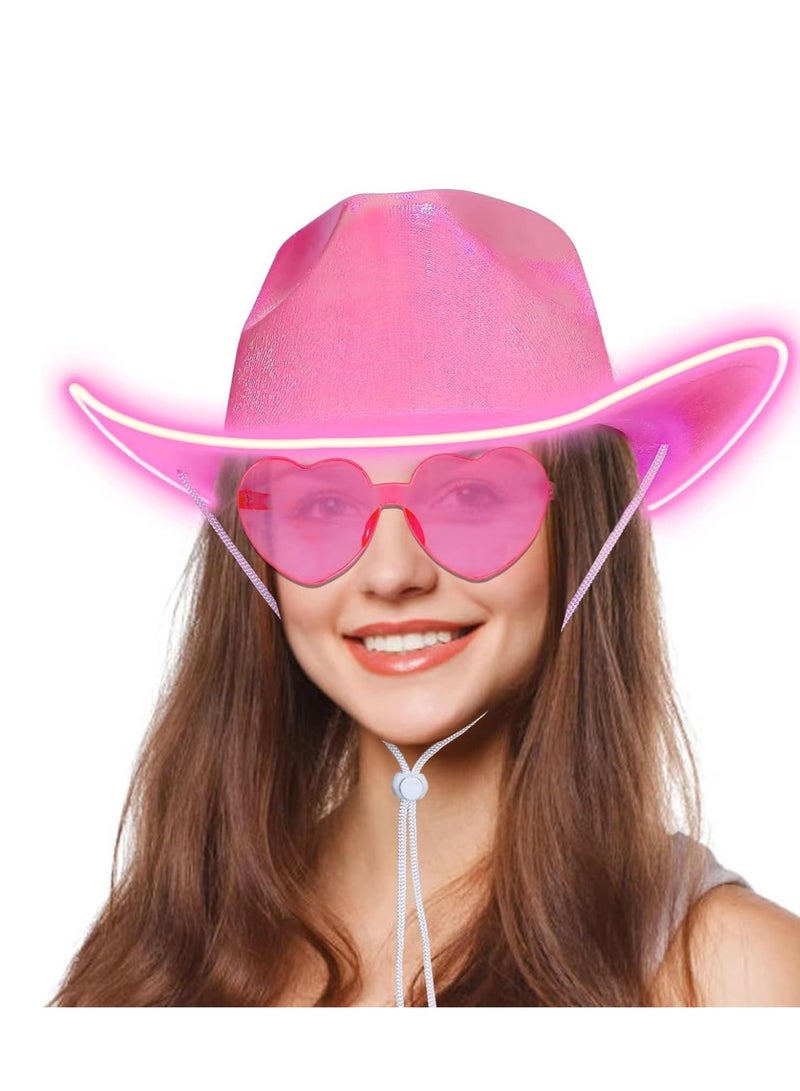SOLARAE Light Up Cowboy Hat for Women with Heart Sunglasses Glitter Men LED Cowgirl Sparkly Space Hats for Party Costume Dress - Image 4