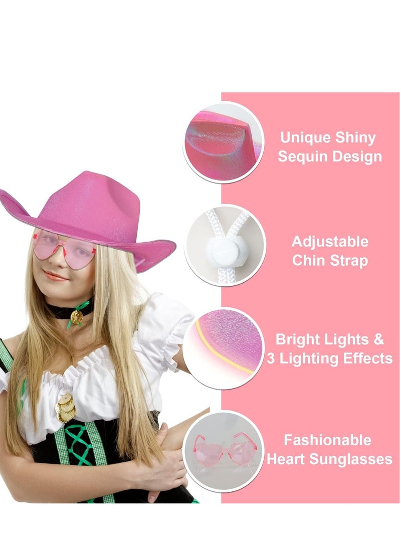 SOLARAE Light Up Cowboy Hat for Women with Heart Sunglasses Glitter Men LED Cowgirl Sparkly Space Hats for Party Costume Dress - Image 2