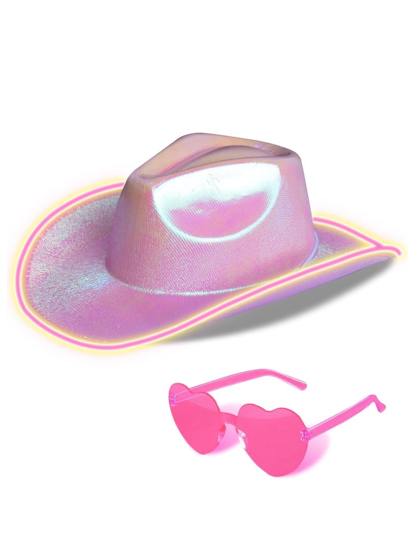 SOLARAE Light Up Cowboy Hat for Women with Heart Sunglasses Glitter Men LED Cowgirl Sparkly Space Hats for Party Costume Dress - Image 1