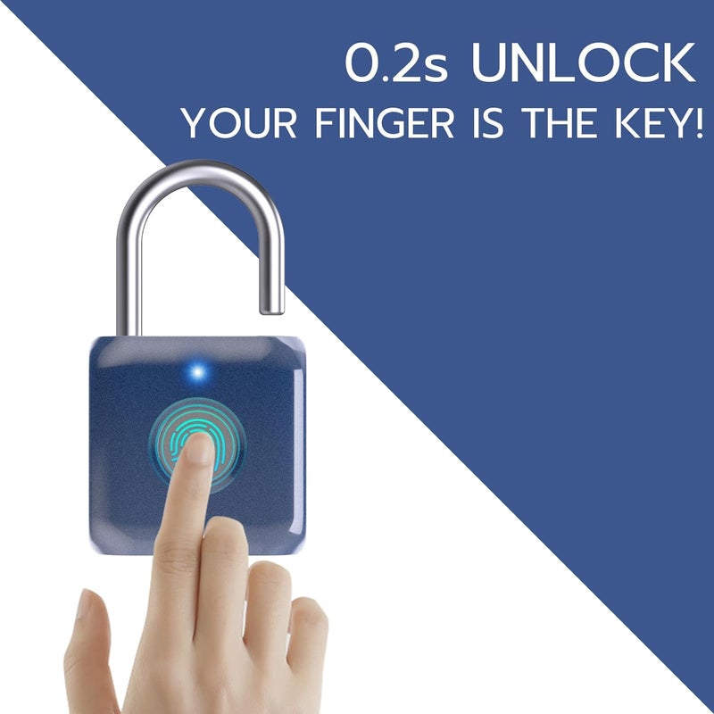 Pothunder Fingerprint Padlock, Smart Padlock, Locker Lock, Biometric Metal Keyless Fingerprint Lock, USB Rechargeable, for Gym Locker, Luggage, Backpack(Blue) - Image 2