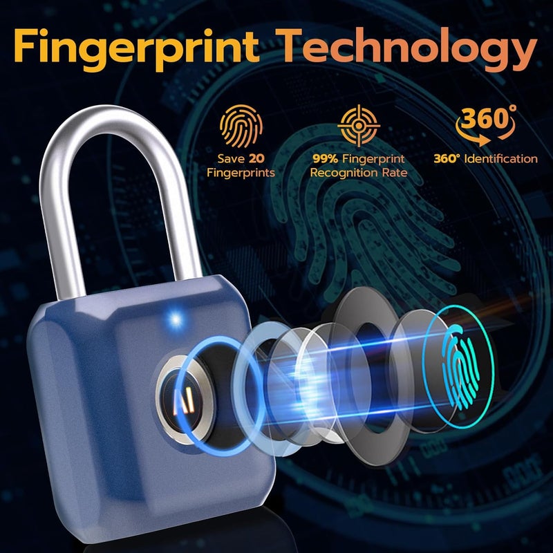 Pothunder Fingerprint Padlock, Smart Padlock, Locker Lock, Biometric Metal Keyless Fingerprint Lock, USB Rechargeable, for Gym Locker, Luggage, Backpack(Blue) - Image 3