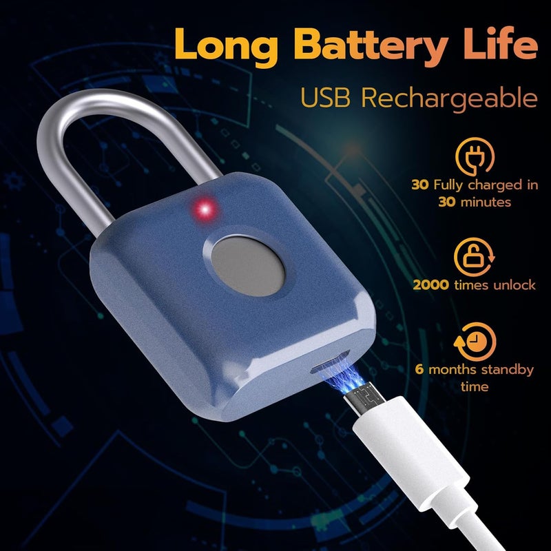Pothunder Fingerprint Padlock, Smart Padlock, Locker Lock, Biometric Metal Keyless Fingerprint Lock, USB Rechargeable, for Gym Locker, Luggage, Backpack(Blue) - Image 5
