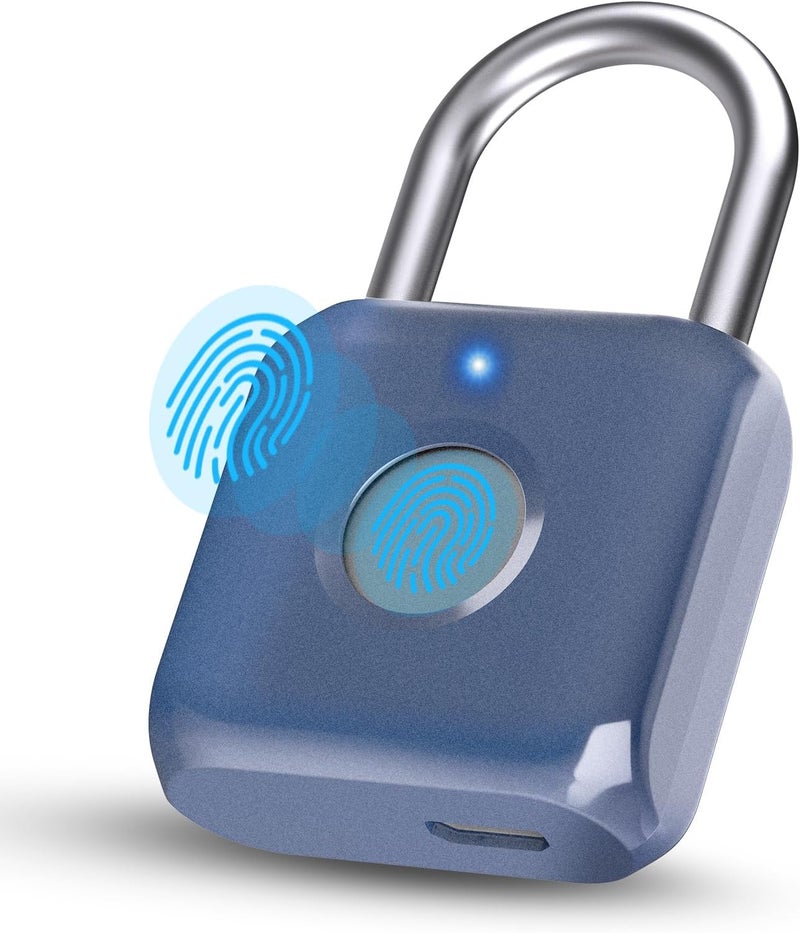 Pothunder Fingerprint Padlock, Smart Padlock, Locker Lock, Biometric Metal Keyless Fingerprint Lock, USB Rechargeable, for Gym Locker, Luggage, Backpack(Blue) - Image 1