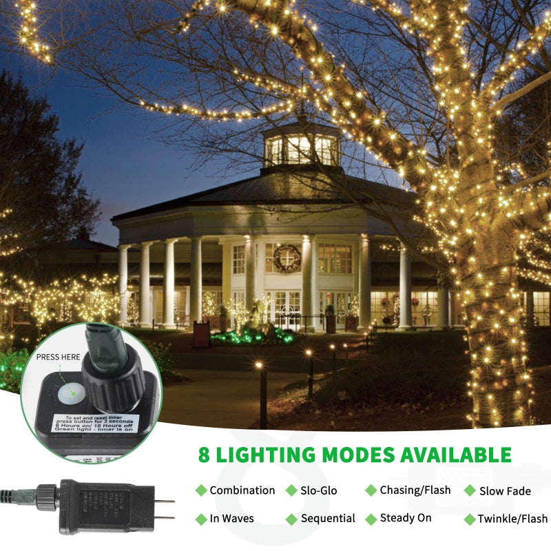 Tcamp 164FT 500 LED Christmas Lights, 8 Modes Christmas Tree Lights with Timer Memory Function, Green Wire Starry Fairy String Light for Xmas Tree Halloween Outdoor Indoor Decor (Warm White) - Image 2
