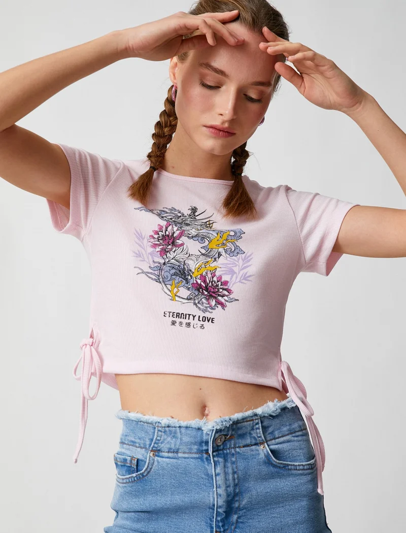 كوتون Crop T-Shirt Printed Short Sleeve Crew Neck Ribbed