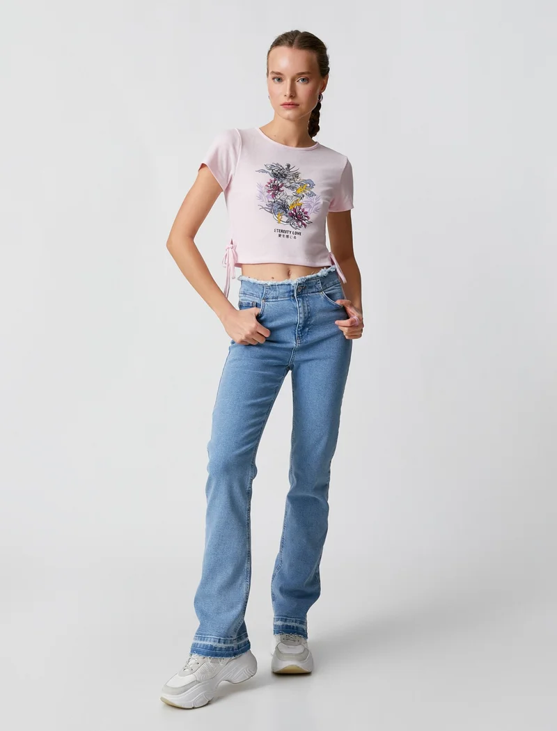 كوتون Crop T-Shirt Printed Short Sleeve Crew Neck Ribbed
