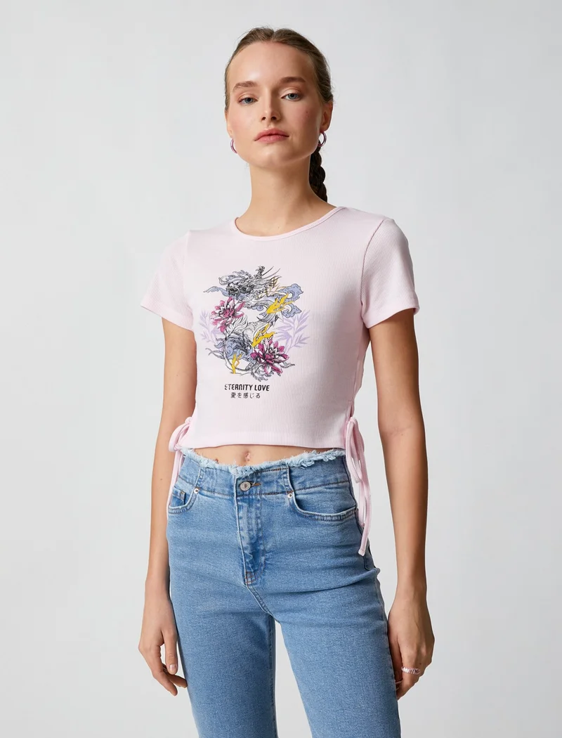 كوتون Crop T-Shirt Printed Short Sleeve Crew Neck Ribbed