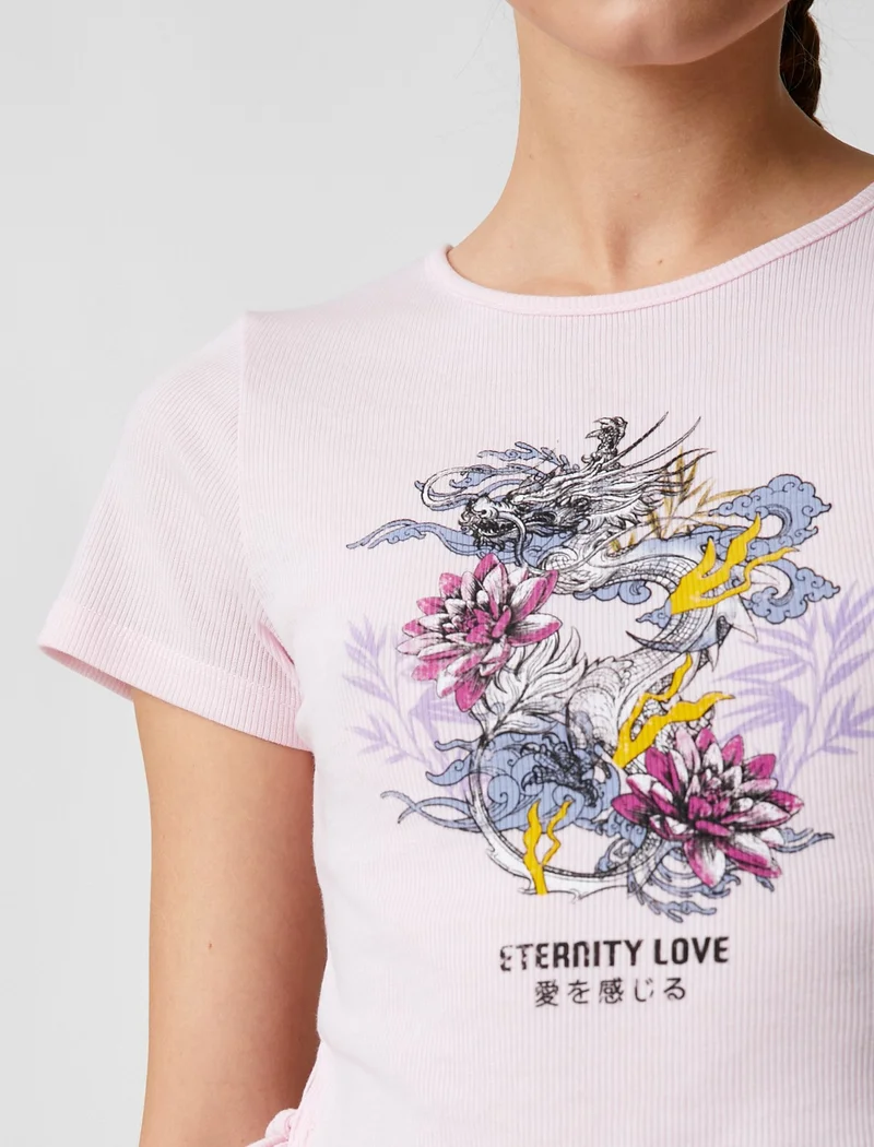 كوتون Crop T-Shirt Printed Short Sleeve Crew Neck Ribbed