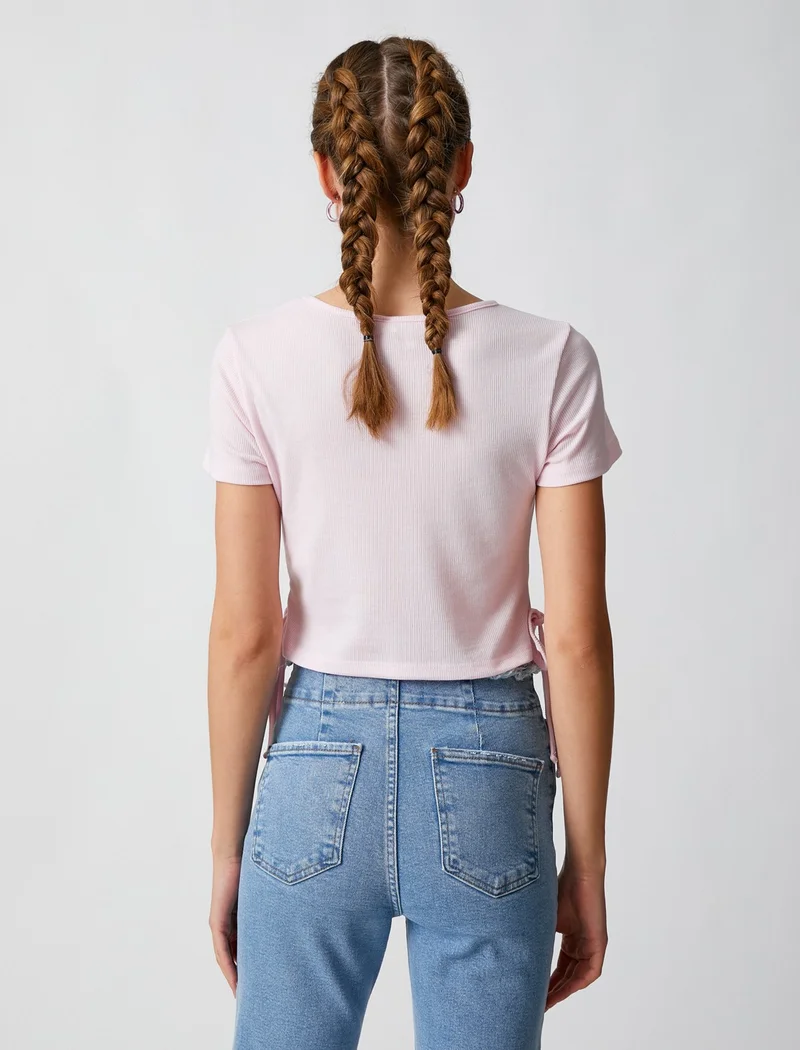 كوتون Crop T-Shirt Printed Short Sleeve Crew Neck Ribbed