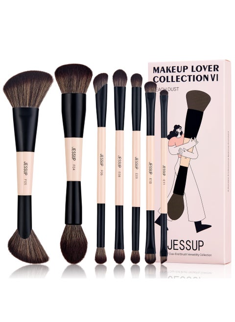 Jessup Makeup Brushes Set 7pcs Double Sided Makeup Brushes for Foundation Concealer Blush Eyeshadow Contour Bronzer Powder Blending Eyebrow Eyeliner, Cruelty-Free Make up Brushes Peach Dust T600