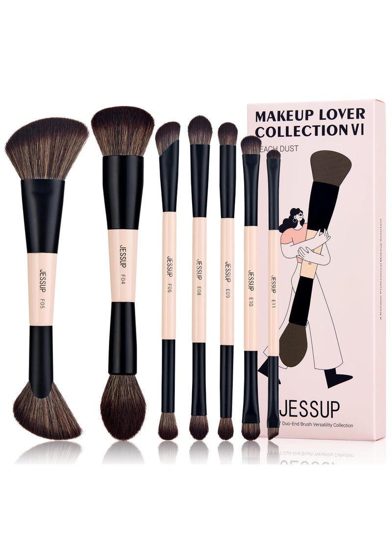 Jessup - Jessup Makeup Brushes Set 7pcs Double Sided Makeup Brushes for Foundation Concealer Blush Eyeshadow Contour Bronzer Powder Blending Eyebrow Eyeliner, Cruelty-Free Make up Brushes Peach Dust T600 - Image 1