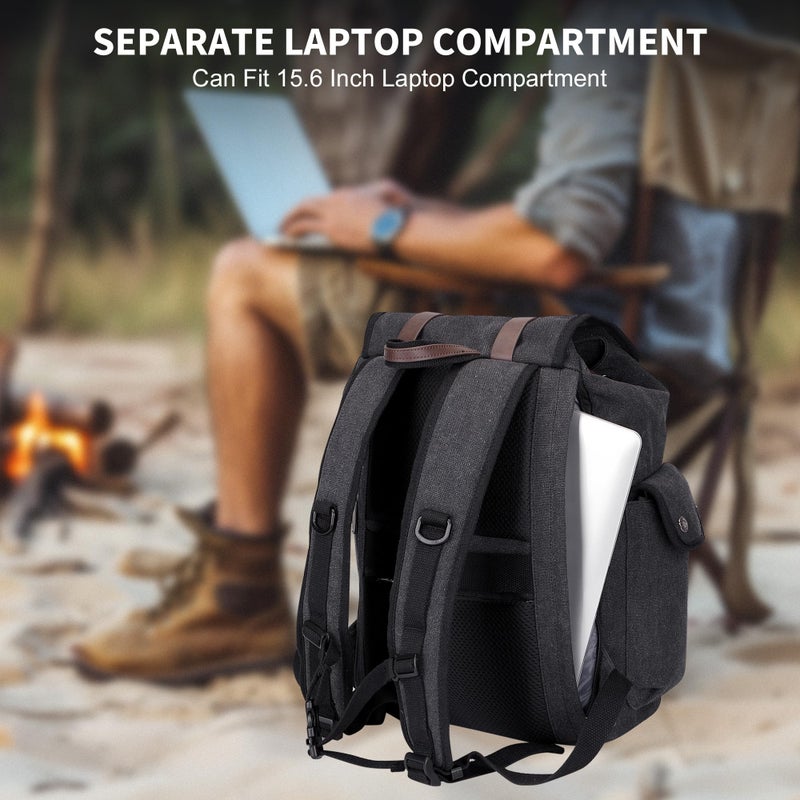 WITZMAN Canvas Backpack for Men Vintage Rucksack Fit 15.6 inch Laptop Backpack Travel High Capacity Casual Daypack (A8004 Black) - Image 5