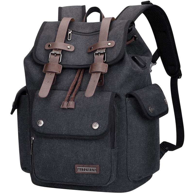 WITZMAN Canvas Backpack for Men Vintage Rucksack Fit 15.6 inch Laptop Backpack Travel High Capacity Casual Daypack (A8004 Black) - Image 1