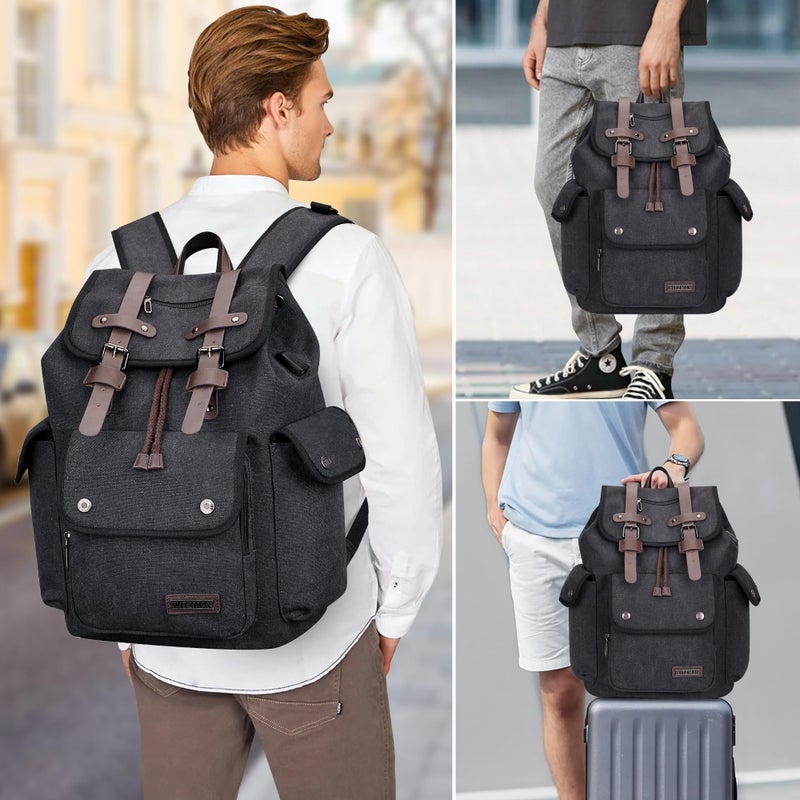 WITZMAN Canvas Backpack for Men Vintage Rucksack Fit 15.6 inch Laptop Backpack Travel High Capacity Casual Daypack (A8004 Black) - Image 2