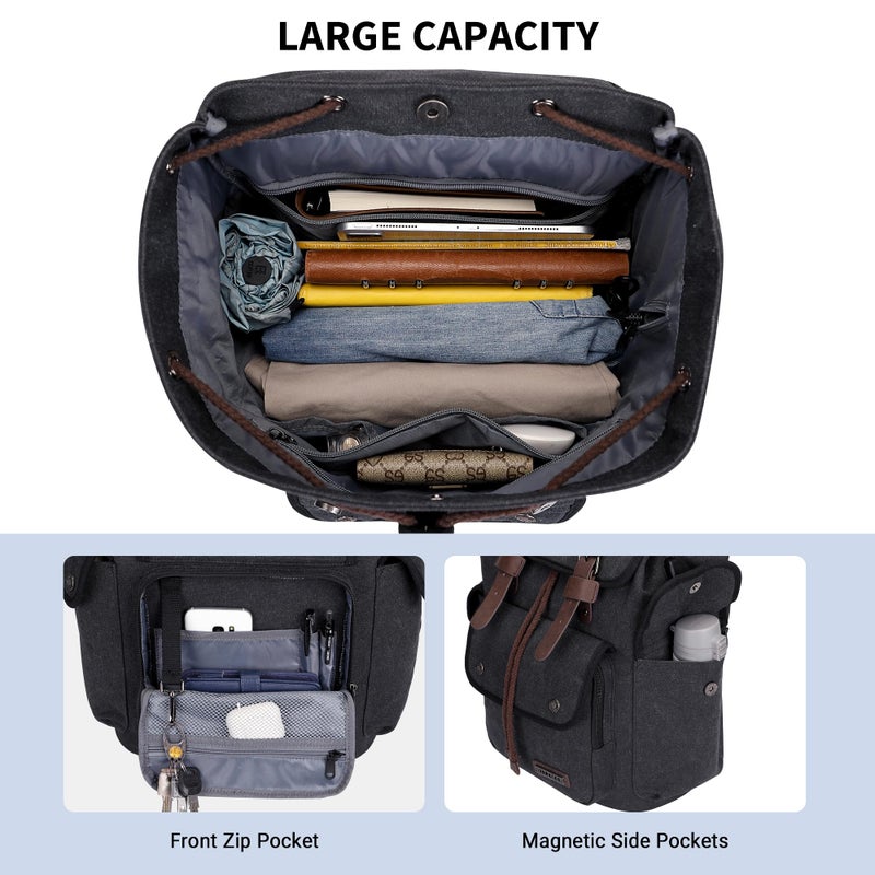 WITZMAN Canvas Backpack for Men Vintage Rucksack Fit 15.6 inch Laptop Backpack Travel High Capacity Casual Daypack (A8004 Black) - Image 4