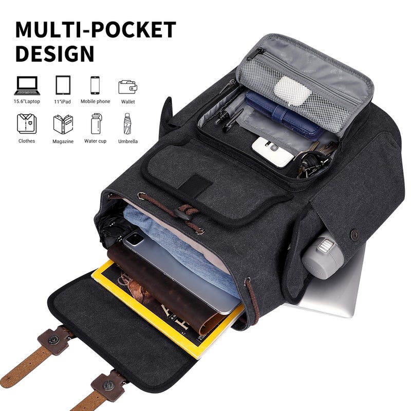 WITZMAN Canvas Backpack for Men Vintage Rucksack Fit 15.6 inch Laptop Backpack Travel High Capacity Casual Daypack (A8004 Black) - Image 3