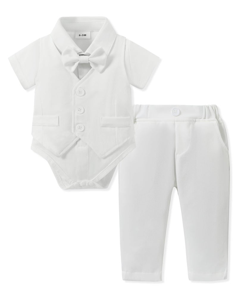 SANMIO SANMIO Baby Boy Clothes Suits Summer Short Sleeve Dress ShirtVestTiePants Infant Boy Wedding Christening Outfits Set 024M White