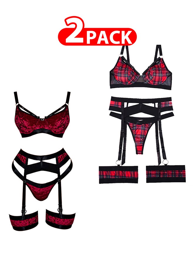 MARGOUN 2 Pack Large Size Women Sheer Mesh Garter Lingerie Set Strappy Teddy Babydoll Bra and Panty with Leg Ring 4 Piece Lingerie Set - Image 1