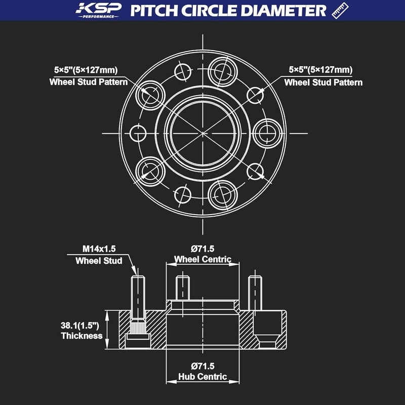 KSP PERFORMANCE KSP 5x5 Wheel Spacers for Grand Cherokee 2011-2025, 1.5inch 5x127mm Hubcentric Spacer fit Wrangler JL/JLU 2018-2025, 38mm Thick Spacer with 71.5mm Hub bore M14x1.5 Stud Work On Gladiator JT 2019-2025 - Image 3