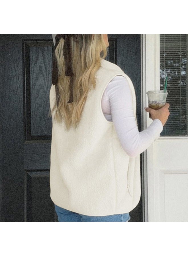 SeeLuNa Trendy Fleece Vest Women Mock Neck Sleeveless Sherpa Jacket Full Zipper Overcoat Warm Outwear Gilet with Pockets, Beige, M - Image 2