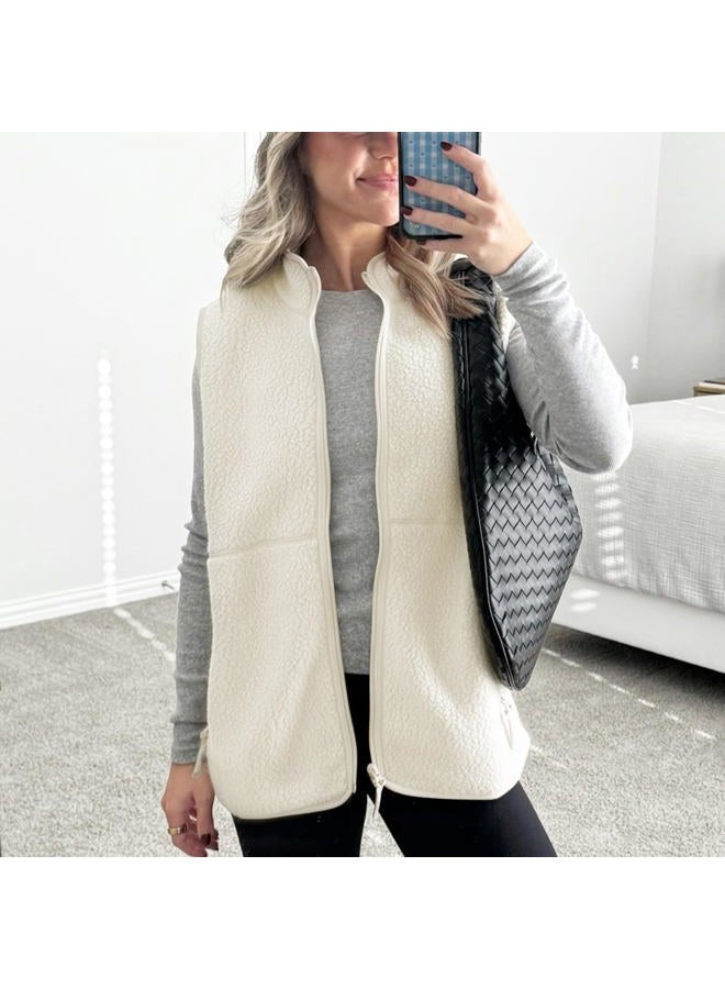 SeeLuNa Trendy Fleece Vest Women Mock Neck Sleeveless Sherpa Jacket Full Zipper Overcoat Warm Outwear Gilet with Pockets, Beige, M - Image 4